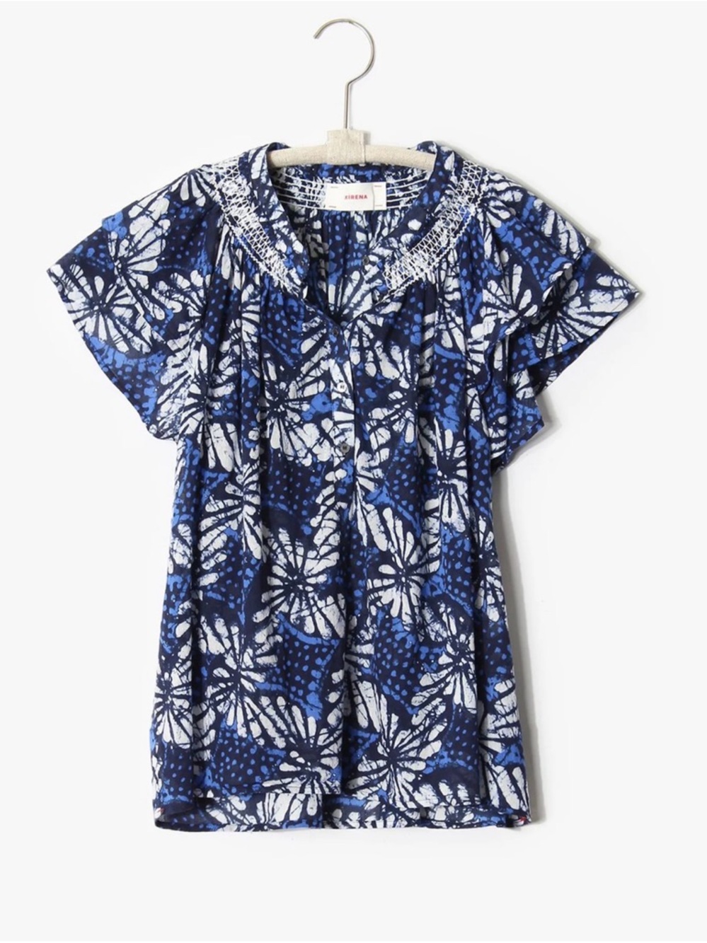 Xirena Blue White Flutter Sleeve Button Front Cotton Blouse Small